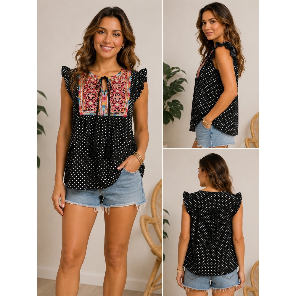 New Savanna Jane Women's Blouse Embroidered Top Black Polka Dot Boho Medium